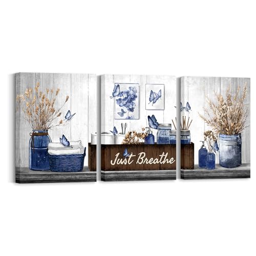 RnnJoile Navy Blue Bathroom Decor Botanical Pictures Wall Art Just Breathe Sign Canvas Painting for Bathroom Wall Decor 12"x16" Each (Blue)