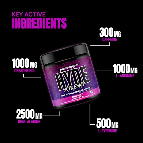 Image of HYDE Xtreme - Hard Hitting Energy Pre Workout Supplement | Caffeine, Beta-alanine, Creatine HCl, L-arginine | For Muscle Pump, Vascularity, Strength and Focus | 15 servings (Pixie Dust)