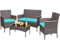 Greesum Patio Furniture 4 Pieces Conversation Sets Outdoor Wicker Rattan Chairs Garden Backyard Balcony Porch Poolside loveseat with Soft Cushion and Glass Table, Brown and Blue