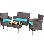 Greesum Patio Furniture 4 Pieces Conversation Sets Outdoor Wicker Rattan Chairs Garden Backyard Balcony Porch Poolside loveseat with Soft Cushion and Glass Table, Brown and Blue