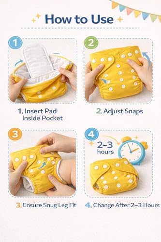 Image of Reusable Baby Cloth Diapers with 5 Microfiber Inserts | Adjustable Washable Nappies for Babies | Leakproof Pocket Diaper Set | Soft & Skin Friendly for Newborns & Toddlers (Multicolor Pack Of 10)