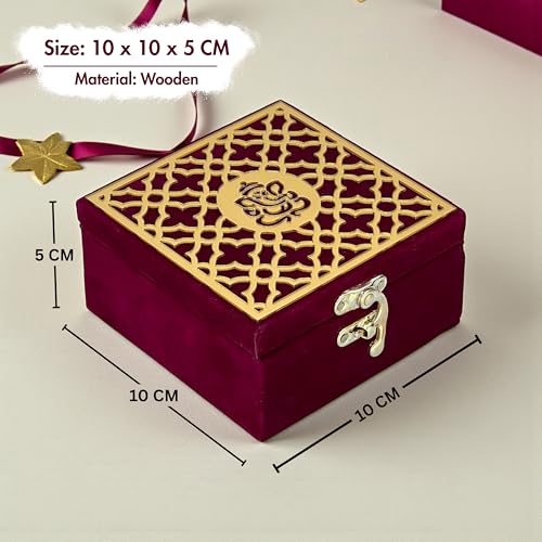 Image of Handcrafted Velvet Jewellery Box, Ganpati Ji Design, Red, 4x4 | Wooden Base, Decorative Organizer, Ganesh Motif, For Puja Festive Wedding Gifting