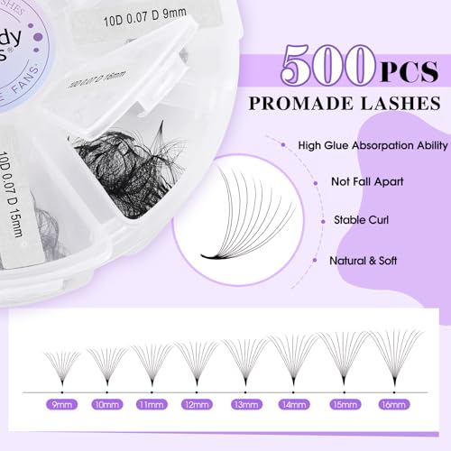 Premade Fans Eyelash Extension 10D D Curl 0.03mm 500 Fans 9-16mm Mixed Pre Made Fans Thin Base Russian Lash Extensions Pro Made Loose Lash Fans(500-10D-0.03-D-916) - Image 2