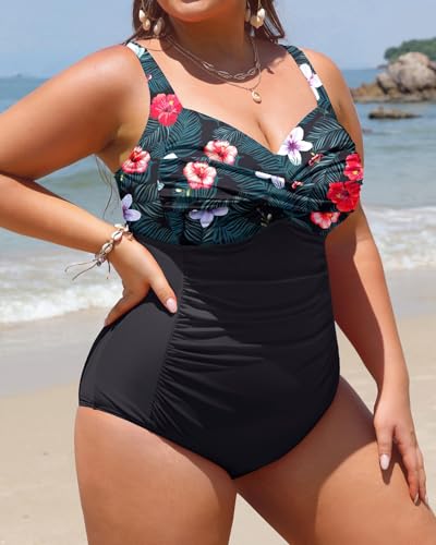 Image of Women Plus Size One Piece Swimsuits Tummy Control Twist Front Bathing Suit | Unremovable Bra, Sweetheart Neckline, Wide Adjustable Straps, Ruched Stomach, Side-Splicing Design, Full Coverage Bottom