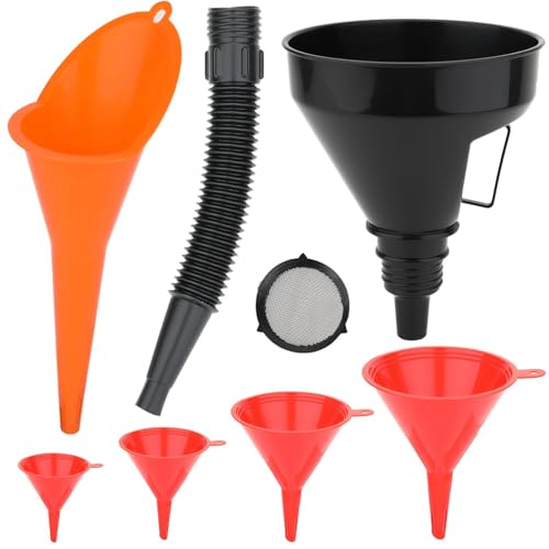 Image of 6 Pcs Automotive Funnel Set for Oil, Fuel & Coolant Transfer | Wide Mouth Plastic Funnels with Long Neck, Flexible Right Angle Spout & Removable Filter | Car, Motorcycle & Garage Tools