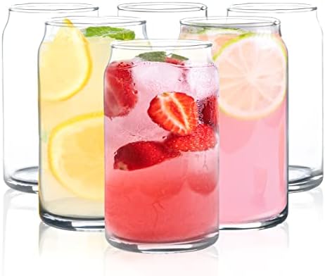 16 oz. Can-Shaped Beer Glasses (6-Pack) - Dishwasher-Safe Glass Cups for Drinking Water, Iced Coffee, Soda, Juice, Cider, Cocktails, Whiskey, Margaritas, Smoothies, Boba Milk Tea, Milkshakes, Spirits