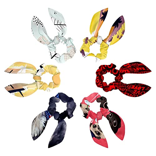 6PCS Hair Scarf Scruncheis for Women Girls, Ribbon Bow Elastic Hair Ties Bands Satin Hair Ribbon Scrunchy Ponytail Holder Accessories,Sunset Palm