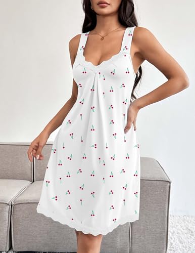 Ekouaer 2er Damen Nachthemden Ärmellos Chemise Nachtwäsche Sexy Full Slips Spitze Negligee V-Ausschnitt Sleepshirt Jersey Dessous Blau+Weiß Kirschen XL