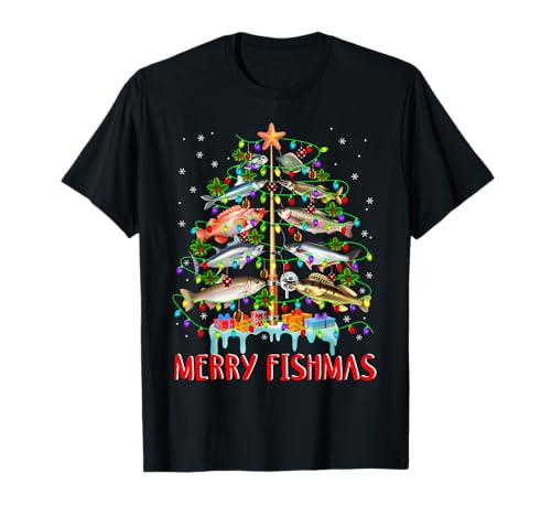 Merry Fishmas Divertente Albero di Natale Luci Pesce Canna Da Pesca Maglietta