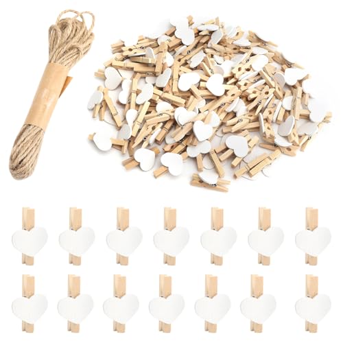 100 pinzas de la ropa con forma de corazón, pinzas de madera en forma de corazón, pequeñas, 3,5 cm, minipinzas para fotos con 5 metros de cuerda de yute para fotos, manualidades, clips, decoración