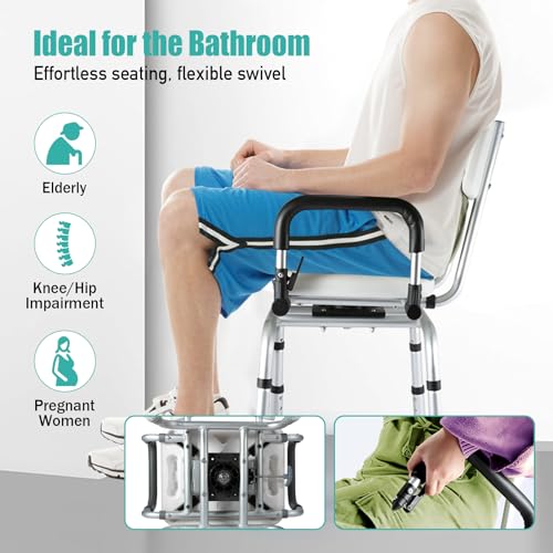 Silla de Ducha Giratoria 360°, Taburete de Ducha para Mayores con Reposabrazos y Respaldo, Altura Regulable 40-48 cm, Taburete Baño Giratorio Antideslizante para Ancianos Discapacitados Embarazadas - imagen 3