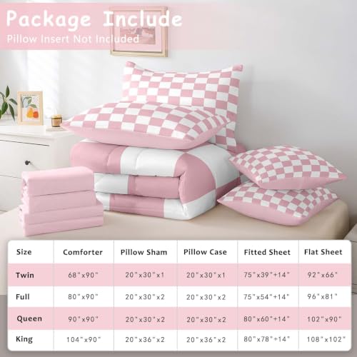 Image of Feelyou Checkered 7 Piece Bedding Set Teen Women Men Pink Plaid Comforter Set with Sheets Queen Size Kids Boys Cute Retro Neutral Checkerboard Geometric Bed in a Bag Vintage Aesthetic Room Decor