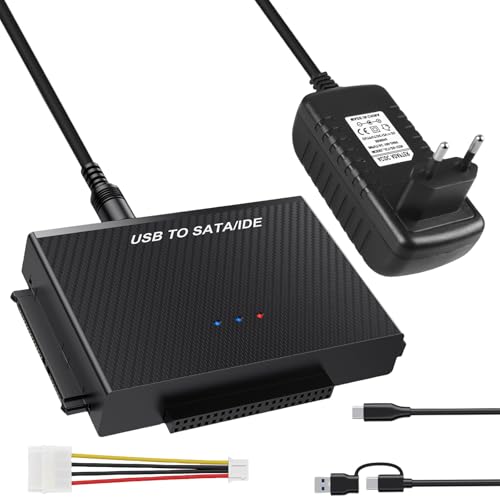 Adaptador SATA USB 3,0 e IDE, fuente de alimentación de 12 V 2 A, adaptador de disco duro SATA USB para discos duros SATA de 2,5 y 3,5 pulgadas SATA e IDE HDD/SSD, convertidor con