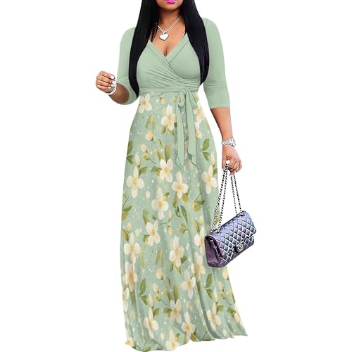 PinkPatty Summer Trendy Dress for Women Casual 3/4 Sleeve V Neck Printing Maxi Dress Elegant Wedding Guest Sundress with Belt