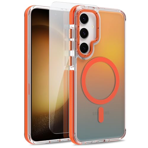 Image of Magnetic Case for Samsung Galaxy S23 Plus [Compatible with Magsafe] [Cute Fashion Fluorescent Design] [1 Screen Protector] Slim Translucent Matte Case for Galaxy S23 Plus 6.7 inch, Orange