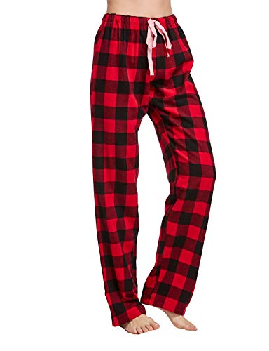 Yincozi Women's 100% Cotton Super Soft Flannel Plaid Pajama/Lounge Pants,Black Red Plaid,X-Large #TOP2
