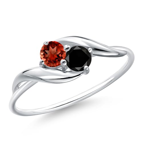 Gem Stone King 10K White Gold Round Red Garnet and Black Diamond Ring For Women (0.37 Cttw, Round 3.5MM, Gemstone January Birthstone, Available in Size 5,6,7,8,9)