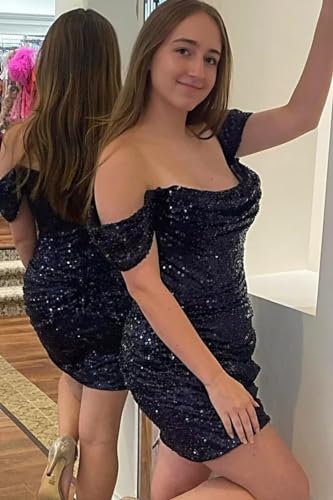 Off Shoulder Homecoming Dresses 2025 Sparkly Sequin Pleated Short Prom Dress Formal Cocktail Party Gowns4