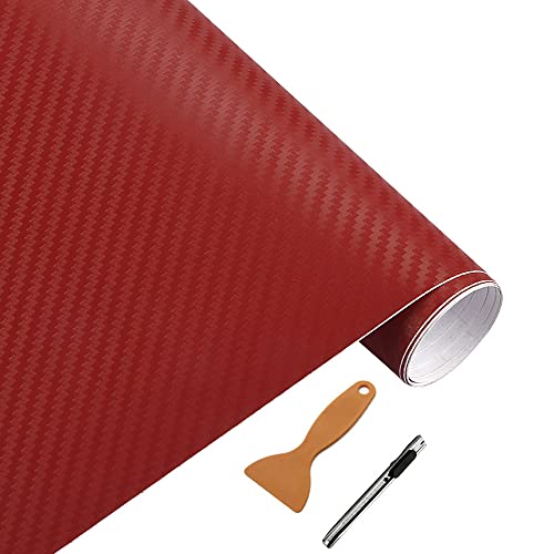 LZLRUN 3D Red Carbon Fiber Vinyl Wrap Roll with Air Release Bubble Free Adhesive Film - Come with Knife + Hand Tool 1.5FT x 5FT
