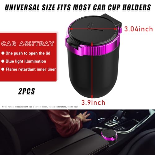 Image of Dickno 2 PCS Car Ashtray with Lid, Detachable Stainless Smokeless Auto Ashtray, Portable Mini Vehicle Trash Can with LED Blue Light, Universal Interior Accessories for Cup Holder (Purple)