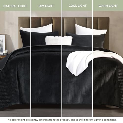 Elegant Comfort Luxury 3-Piece Velvet Corduroy Stripe Quilt Set, Ultra Soft Bedspread - Cozy Velvet Coverlet Set - 3PC Medium Weight Quilted Set with Matching Pillow Shams, Twin XL, Black
