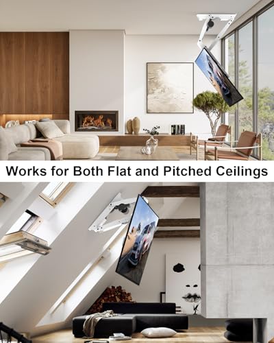 Image of Electric Ceiling TV Mount with Remote for 23-55 inch Flat Curved Screen TVs, Motorized Flip Down Ceiling Mount for Flat and Pitched Roof Indoor Outdoor, Drop Down VESA Mount Bracket, White