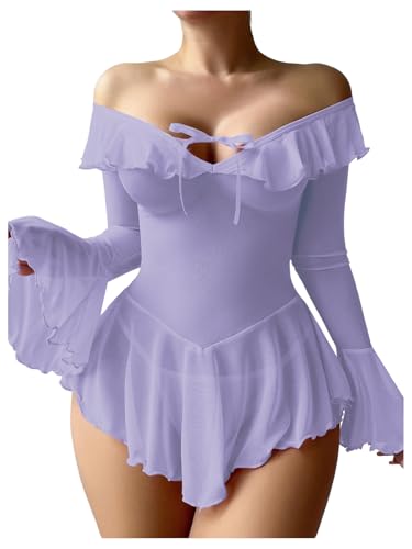 Image of OYOANGLE Women's 2 Piece Off Shoulder Long Sleeve Ruffle Mesh Sheer Nightgowns with Thongs Babydoll Lingerie Set