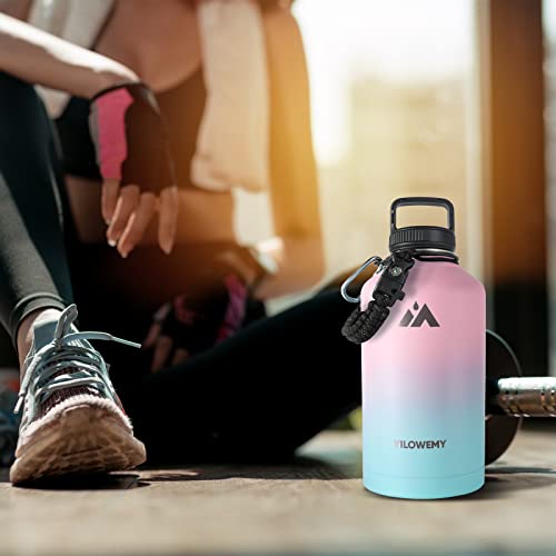 64 Oz Water Bottle Stainless Steel With Straws & 3 Lids, Double Wall Vacuum Insulated Half Gallon Water Bottle With Sleeve & Carry Pouch, 64Oz Leak Proof Metal Thermos Water Jug For Sport Camping #TOP5