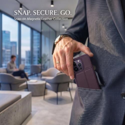 Image of amazon basics Luxury Vegan Leather Back Cover for iPhone 14 Pro | Built-in Card Holder Slot | Integrated Mobile Stand | Slim Shockproof Protective Case with Stitched Finish - Purple