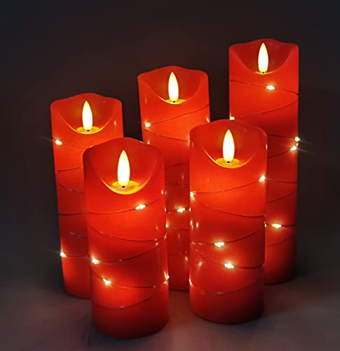 Image of DANIP Red LED Flameless Candle with Embedded Star String, 5Piece LED Candle with 11 Button Remote Control, 24 Hours Timer Function, Dancing Flame, Real Wax, Battery Powered.