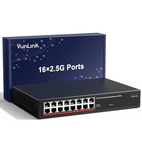 Image of 16 Port 2.5G Ethernet Switch Unmanaged, VunLink 16x2.5Gbps RJ45 Ports Network Switch, Plug & Play, 100 /1000 /2500Mbps, Desktop /Rackmount, Fanless Metal Design for NAS, PC, AP, Office Network
