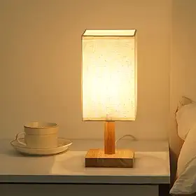 Abajur para Quarto, Lâmpada de Mesa com Base Quadrada, Base de Madeira com Abajur de Tecido Branco, Lâmpada Led, com Porta USB, Adequada para Quartos/Mesas de Trabalho/Salas de Estar