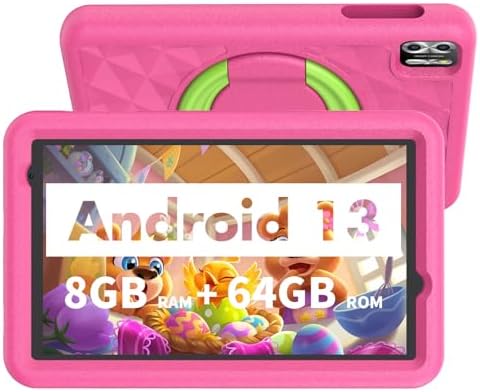 VASOUN Kids Tablet 8 inch, Android 13, 8GB(4gb+4gb Expand) RAM 64GB ROM, Toddler Tablet with Bluetooth, 5G WiFi, Kids App Pre-Installed, EVA Shockproof Case (Pink)