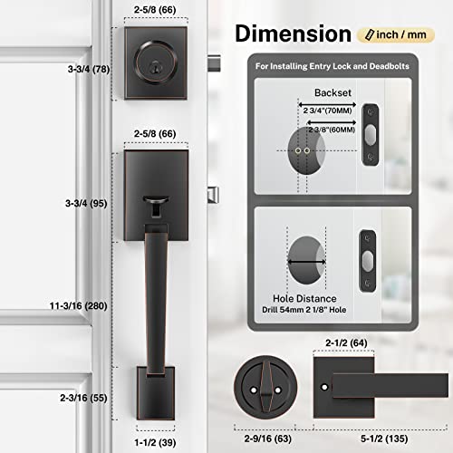 Brightify Oil Bronze Front Door Handle, Oil Bronze Exterior Door Handle With Door Lever, Modern Front Door Lock Set, Adjustable Deadbolt Lock Set With Single Cylinder, Reversible For Right&Left Handed #TOP5