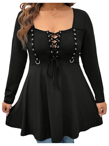 SOLY HUX Women's Plus Size Peplum Tops Lace Up Square Neck Long