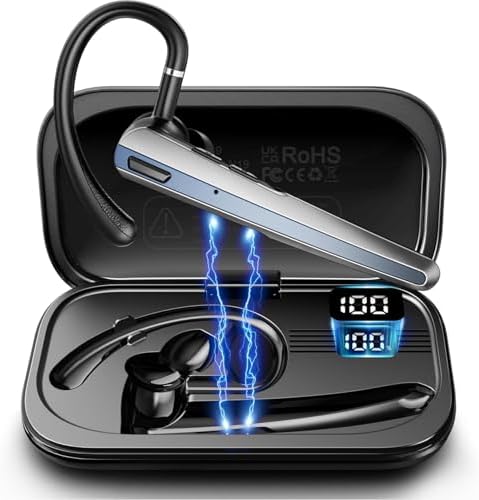 EKVANBEL V5.0 무선 블루투스 이어피스, 1000mAh 충전 케이스, 최대 96시간 통화 시간, 듀얼 마이크 노이즈 캔슬링 핸즈프리 헤드셋, 휴대폰 컴퓨터 트럭 운전사 사무용, 플랫 블랙 — 사진 2