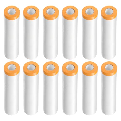 Image of HARFINGTON 12 Rolls Pre-Taped Masking Film 70.9 inch x65.6ft Tape and Drape Painters Plastic Drop Cloth Film with Tape Plastic Sheeting for Automotive Painting Covering