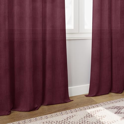 Image of Nanspring Burgundy Linen Curtains 84 Inch Length 2 Panels Set for Living Room Rod Pocket Back Tab Light Filtering Window Drapes for Bedroom Dining Room Protect Privacy Modern Farmhouse Decor 52x84
