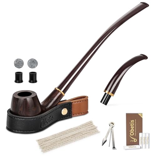 Obetis Ebony Tobacco Pipe Set - Handcrafted Bent Stem Wood Pipe with Interchangeable Long & Short Stems, Premium Ebony Bowl, Gift Box & Full Accessories Kit - Vintage Smoking Gift for Dad, Collectors, Beginners