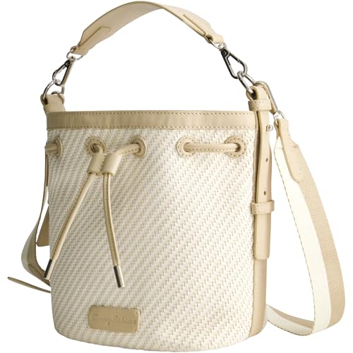 Tommy Bahama Bucket Bag, Women's Mini Handbag with Drawstring Closure and Woven Design, Tan/White