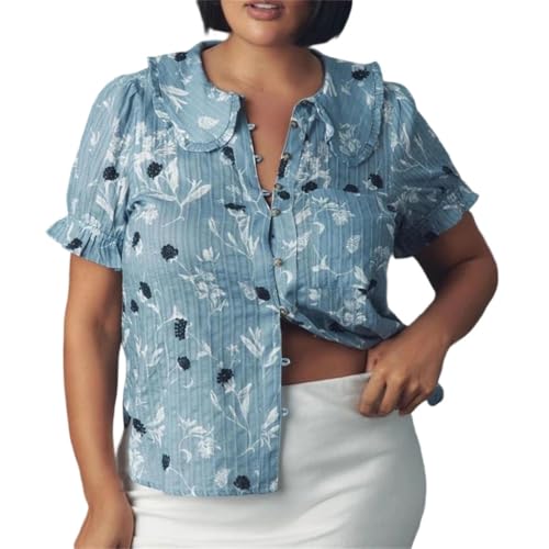 Women Summer Short Puff Sleeve Doll Collar Solid Ruffle Button-Down