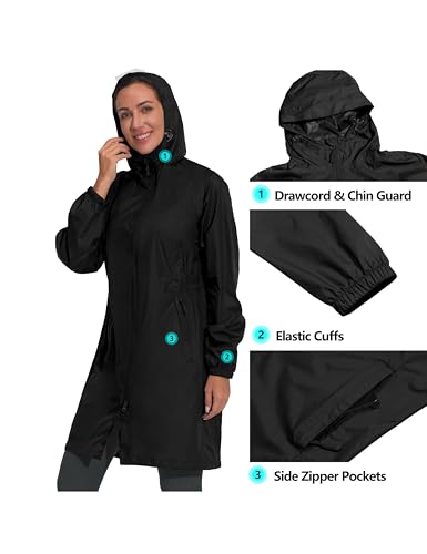 Mapamyumco Women's Ultra-Light Packable Waterproof Long Rain Jacket, Hooded Raincoat with Zipper Pockets4