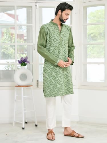Image of See Designs Men's Full Sleeve Mandarin Collar Embossed Printed Cotton Chanderi Straight Long Kurta with Pyjama - Festive Collection