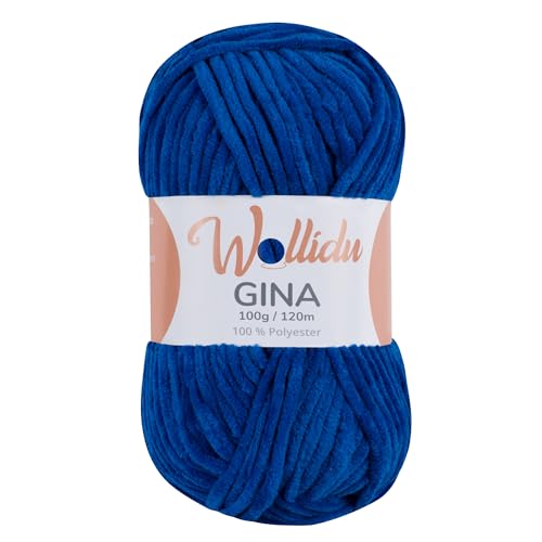 Wollidu Gina Chenille Garn zum Stricken und Häkeln 1 x 100g/120m Set 100% Polyester - Dunkelblau