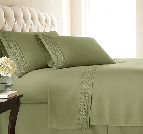 Southshore Fine Living, Inc. Vilano Lace, 4-Piece, 21-Inch Extra Deep Pocket Sheet Set, Easy Care, Shrinkage Free Sheet Set with 1 Flat Sheet, 1 Fitted Sheet, 2 Pillowcases, Sage Green, King