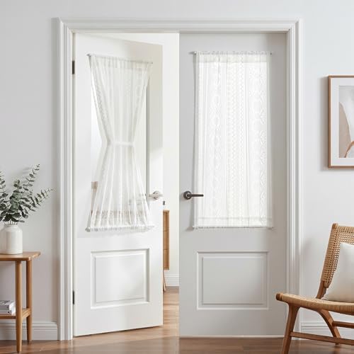Image of MYSKY HOME White Lace French Door Curtains 40 inch Long 2 Panels Boho Sheer Floral Curtains for Door Window Scalloped Doorway Sidelight Curtains Come with 2 Matching Tie-Backs, 26 inch Wide Each Panel