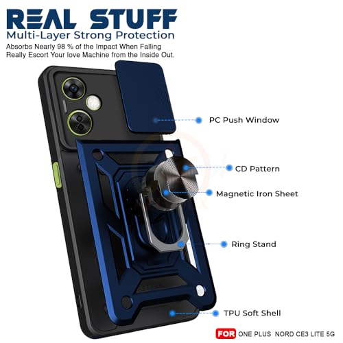 Image of Armor Bumper Back Cover Case for OnePlus Nord CE 3 Lite 5G Rotating Camera Cover, Ring Holder & Kickstand | Heavy Duty & 360 Degree Protection OnePlus Nord CE 3 Lite 5G Back Cover (Blue).