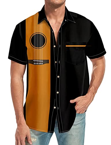 Hodaweisolp Men's Casual Short Sleeve Button Down Bowling Summer Loose Hawaiian Beach Shirts Black Guitar-S #TOP2