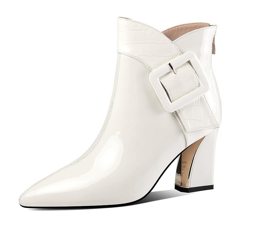 JIEEMECowhide Sexy Ankle Boots Pointed Toe Zip Block Heel with High Heel Buckle Strap Handmade Half Shaft Boots for Women Large Size 35-46 zw9344s