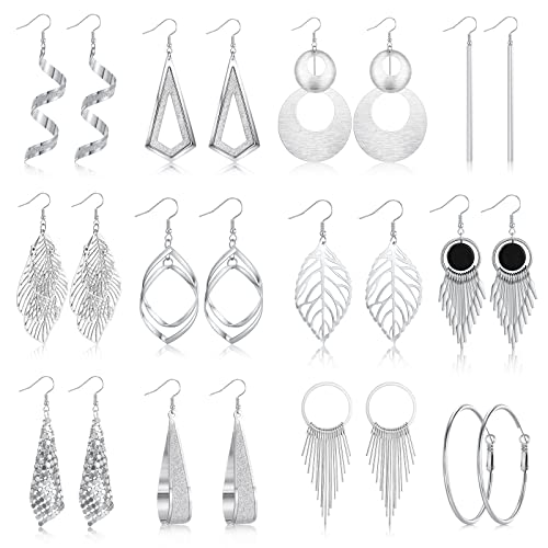 HIFOT 12 Paires Boucles d'oreilles Femme Argent, Boucles d'oreilles Femme Pendantes, Rondes Spirale Triangle Boucle d'oreille Longue pour Cadeau Anniversaire Femme